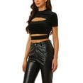 thumbnail image 4 of INSPIRE CHIC Cut Out Top for Women's Glitter Sparkle Velvet Short Sleeve Fitted Crop Tops XS Black, 4 of 6