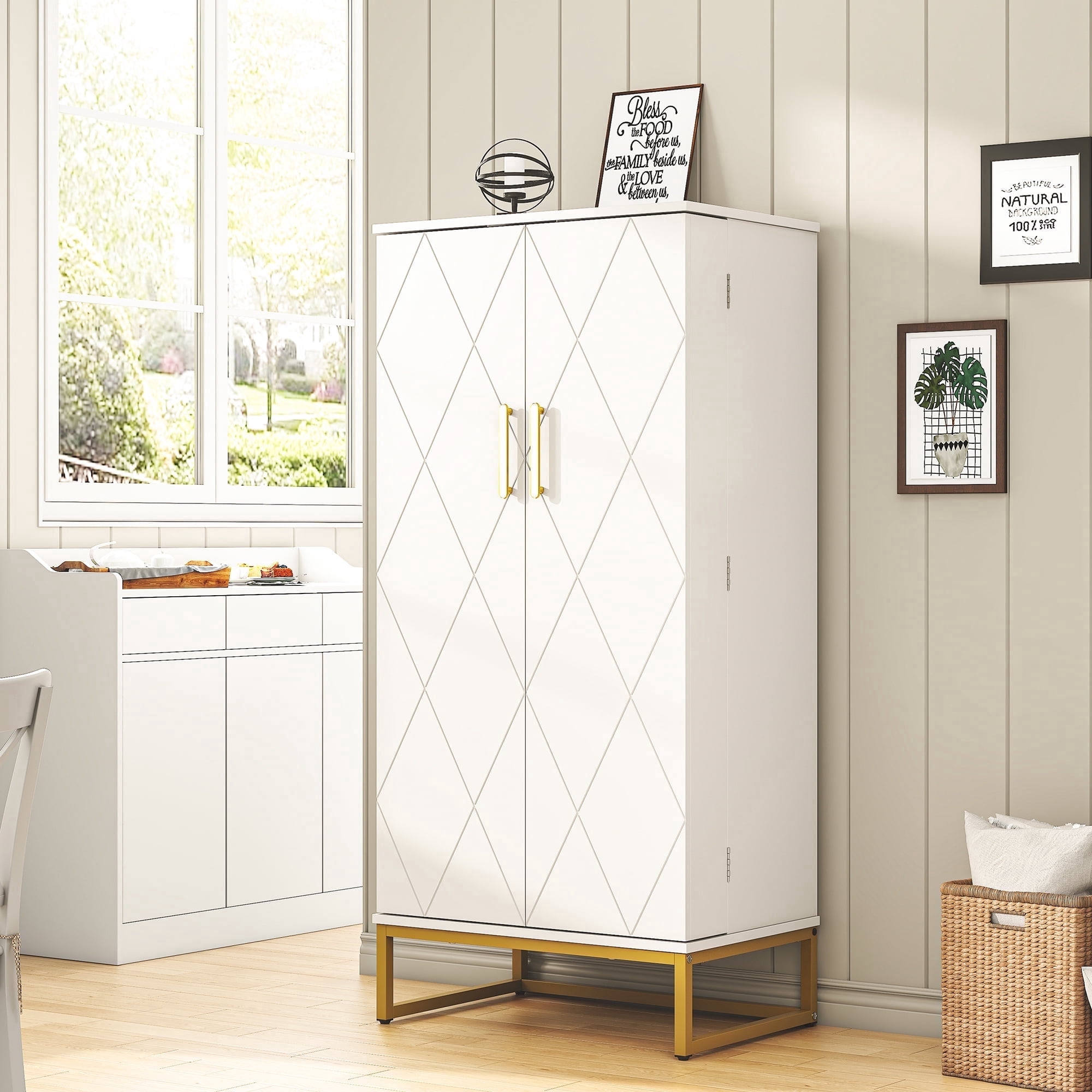 ModFurne Pantry Cabinet, 51.18” Tall Kitchen Storage Cabinet with Adjustable Shelves and Gold Metal Base – Ideal for Kitchen, Living Room & More