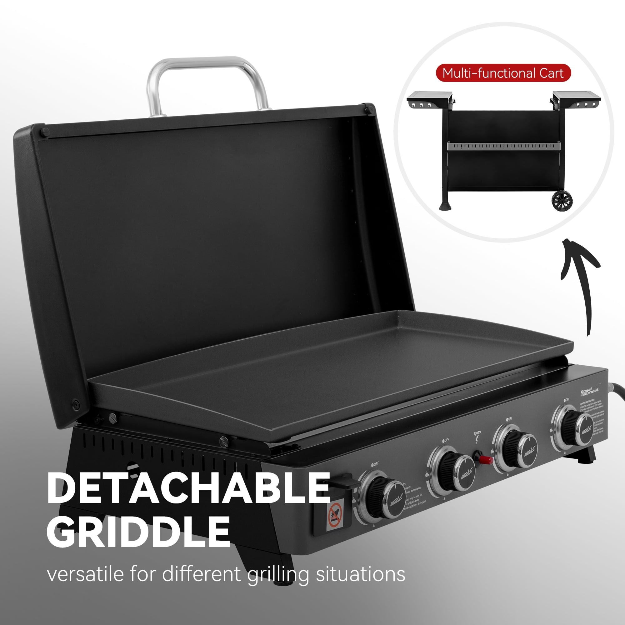 Royal Gourmet PD4001 30-Inch 4-Burner Gas Griddle with Hood, Tabletop Gas Griddle with Removable Standing Cart, Free-Standing Cart with Side Shelves and Hooks