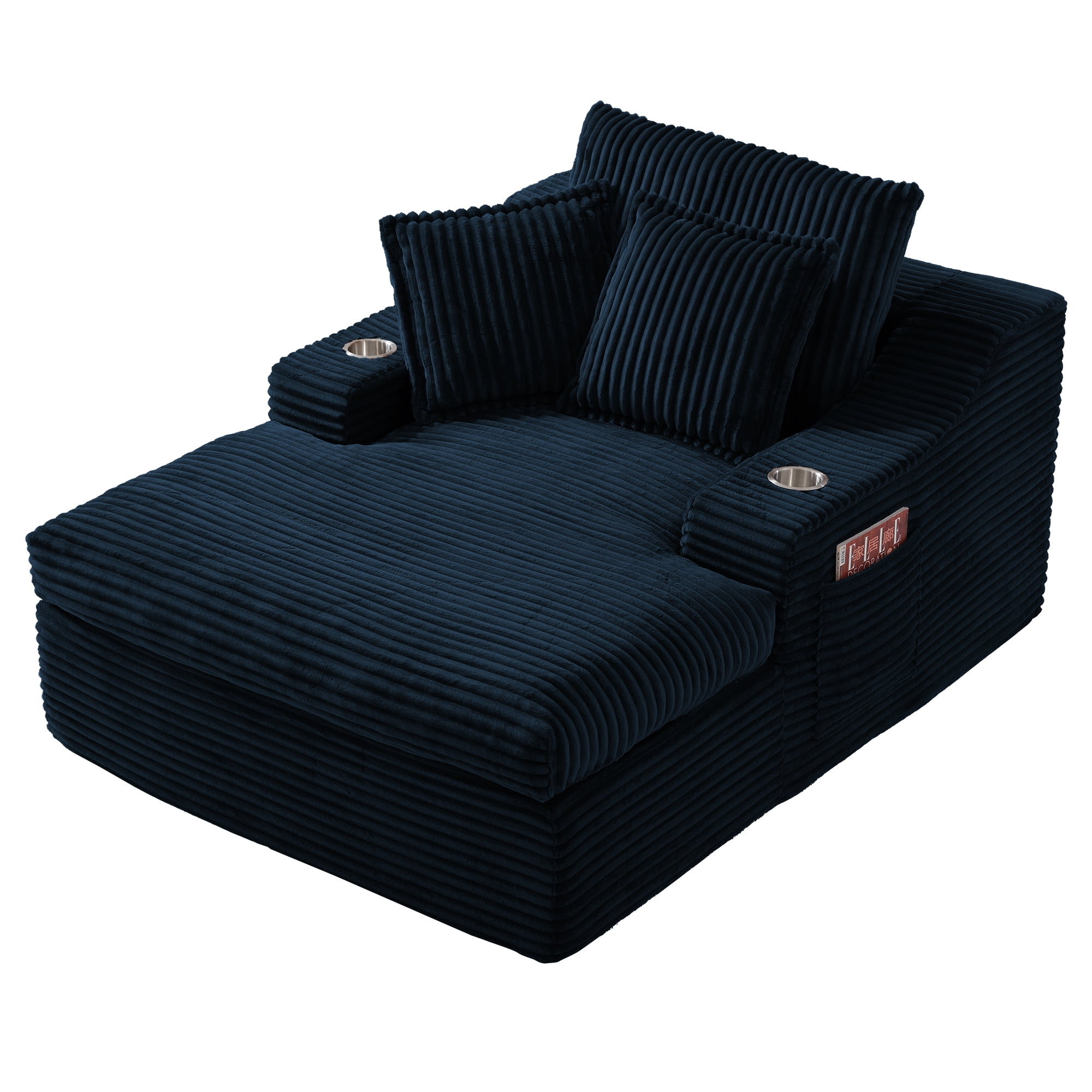 Leumius 67" Oversized Chaise Lounge Chair Indoor, Boneless Chaise Lounge Chair with Cup Holders & 3 Pillows, Cloud Corduroy Chaise Sofa Bed Sleeper Couches for Living Room No Assembly Require,Blue