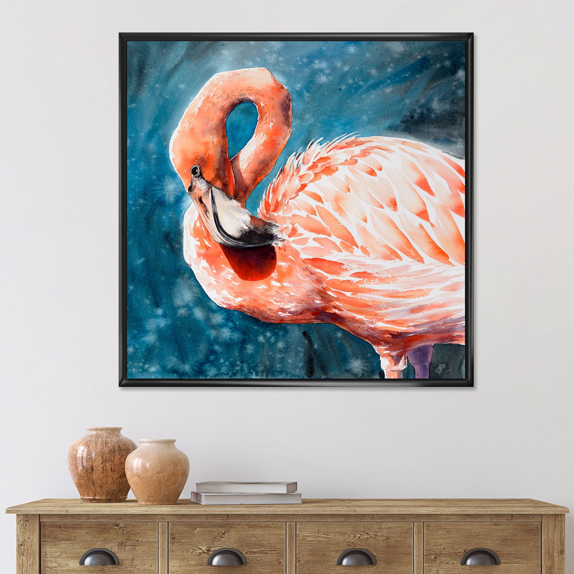Designart 'Pink Flamingos Love Birds In Blue Water II' Farmhouse Framed Canvas Wall Art Print