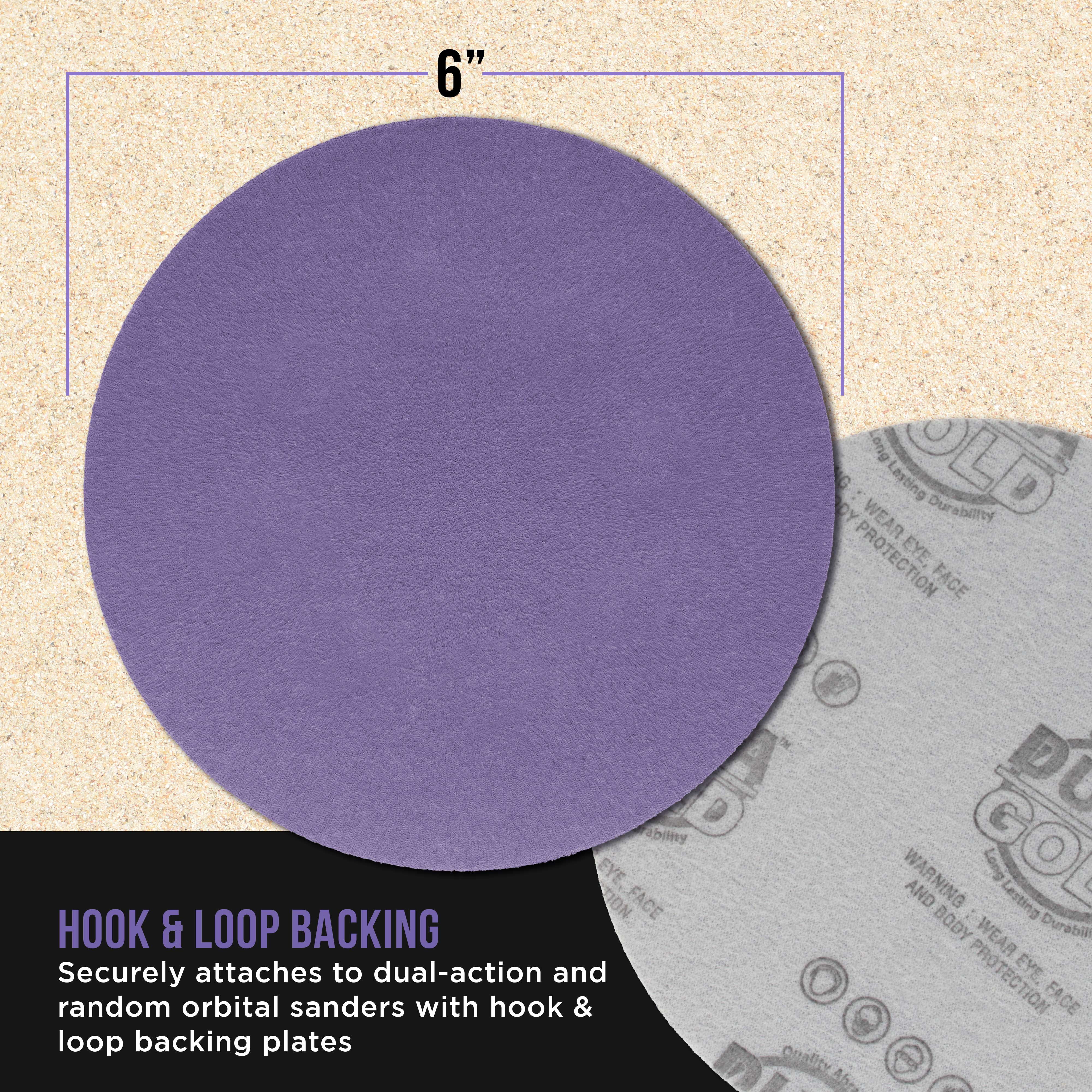 Dura-Gold Premium 100 Grit 6" Purple Film Ceramic Sanding Discs, Box of 50 - Hook & Loop Backing Sandpaper for DA & Random Orbital Sanders - Fast Sharp-Cut Abrasive, Sand Auto Paint, Woodworking