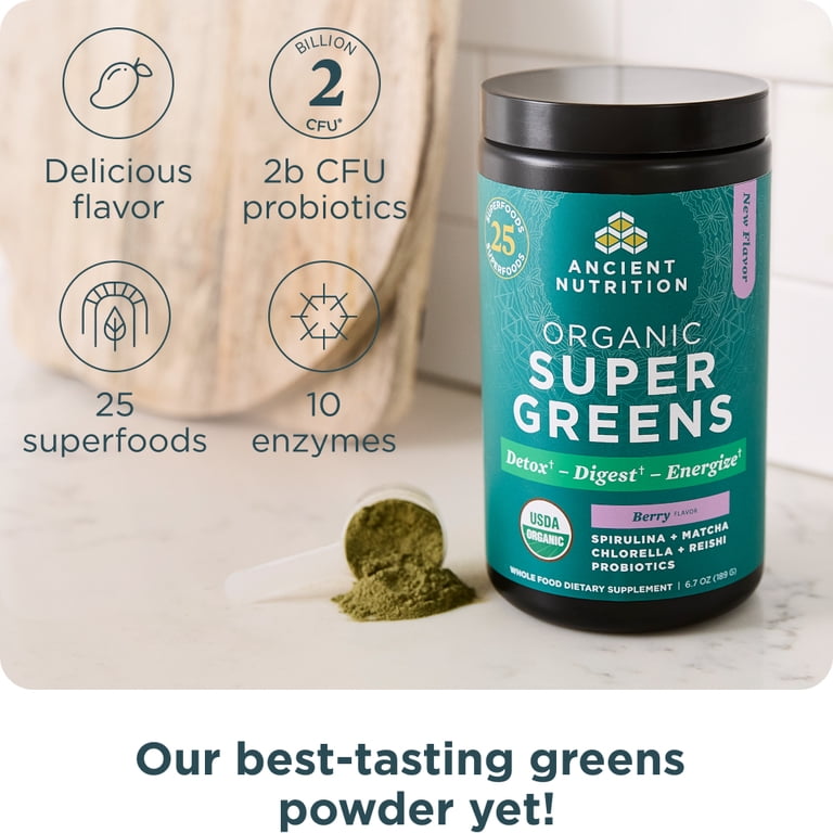 Ancient Nutrition SuperGreens Powder with Probiotics, Organic Berry Flavor Greens, Made from Real Fruits, Vegetables and Herbs, Digestive and Energy Support, 25 Servings, 6.7oz