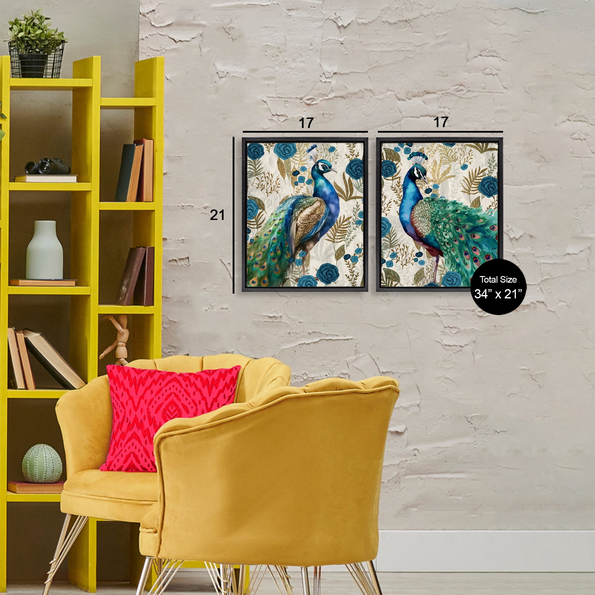 Stupell Industries Floral Peacock Pride 2 Piece Black Framed Floater Canvas Set, design by Kim Allen