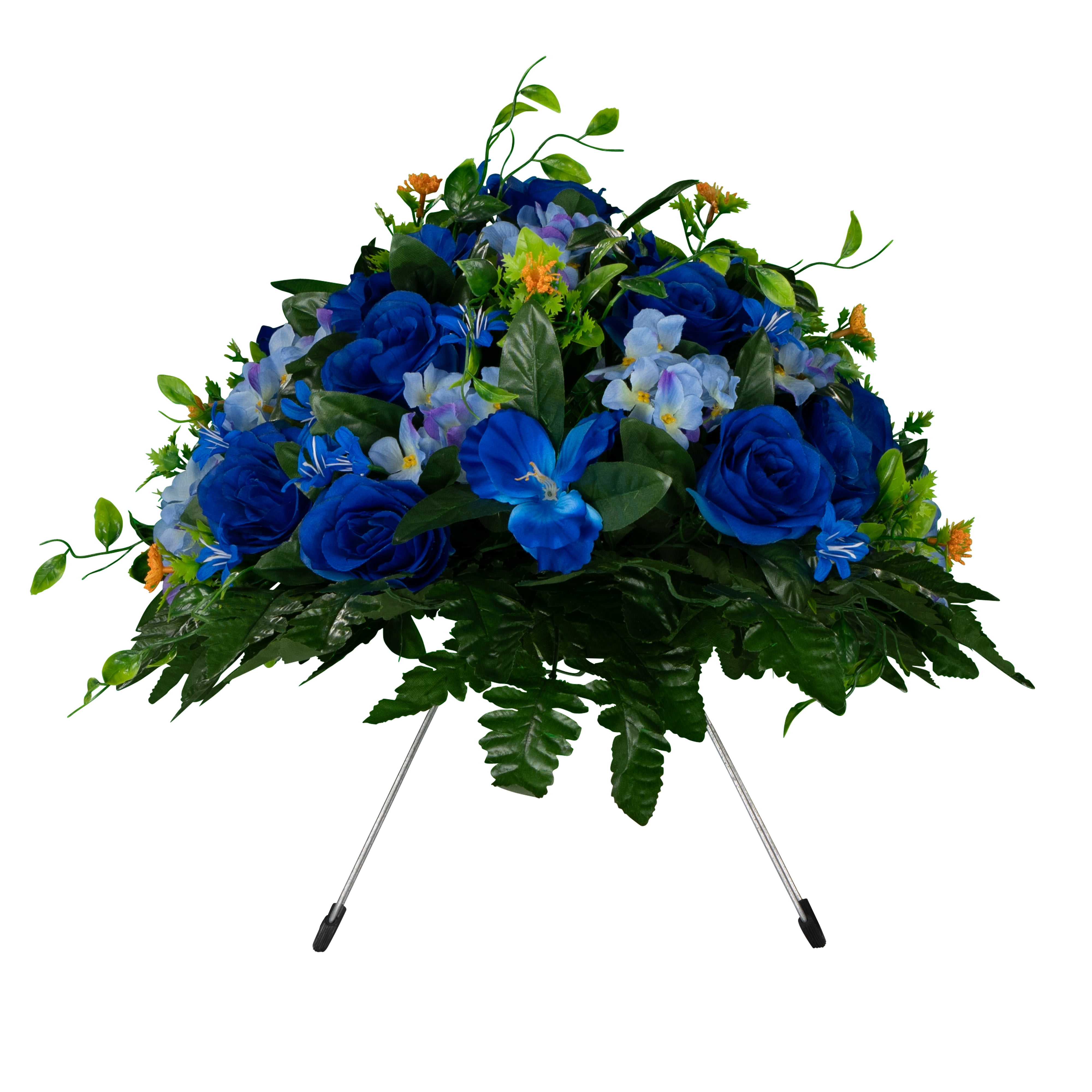 Sympathy Silks Artificial Cemetery Flowers - Blue Roses and Hydrangea - Saddle for Headstone