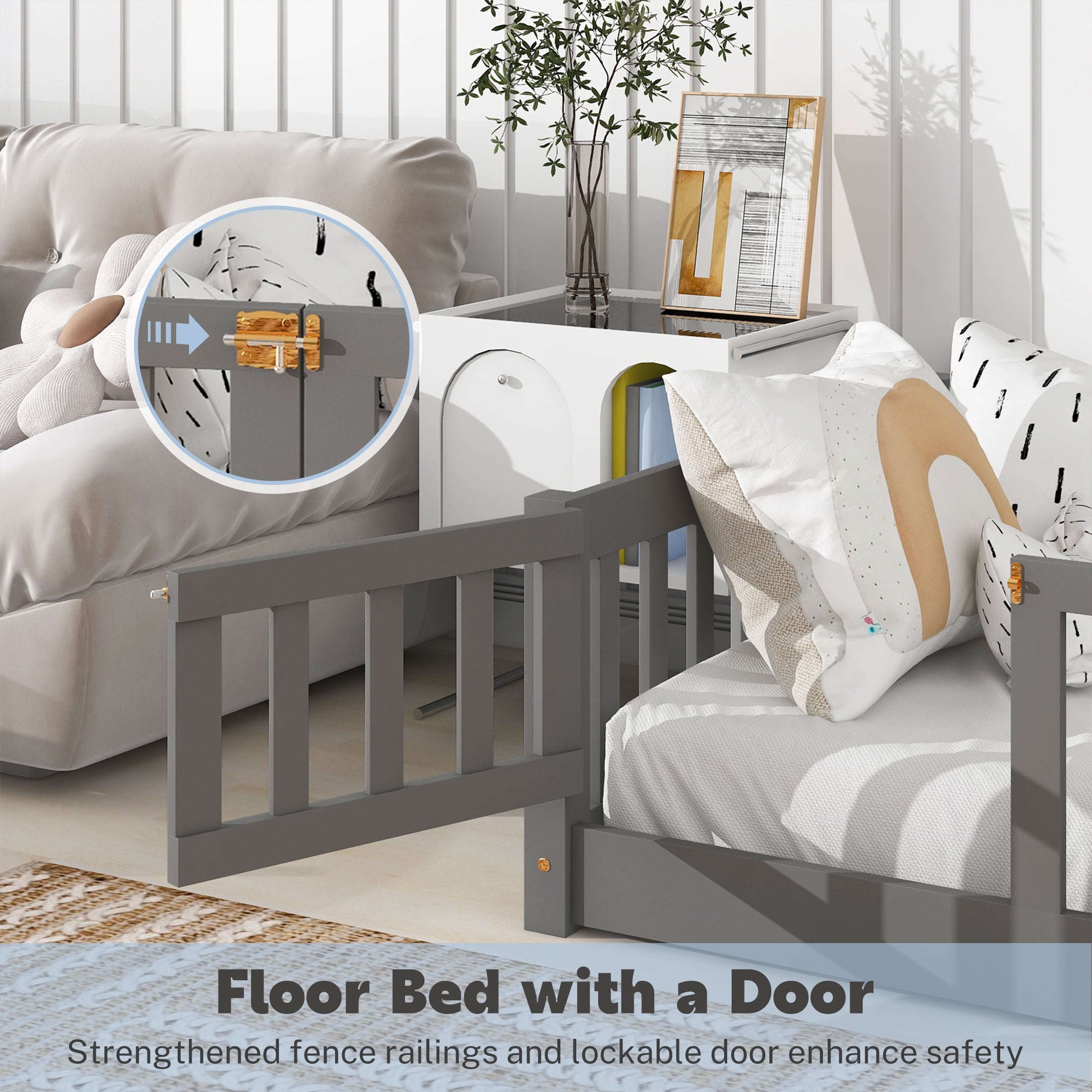 PAPROOS Twin Size Floor Bed, Solid Wood Toddler Bed with Slat, Fence Guardrail and Door, No Box Spri(图4) PAPROOS Twin Size Floor Bed, Solid Wood Toddler Bed with Slat, Fence Guardrail and Door, No Box Spri(图4)