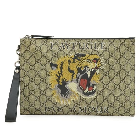 Pre-Owned GUCCI GG Supreme Clutch Bag/Second Bag Tiger Print PVC Leather Khaki Beige... (Fair)