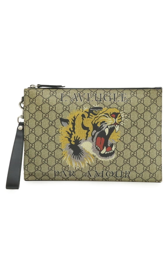 Pre-Owned GUCCI GG Supreme Clutch Bag/Second Bag Tiger Print PVC Leather Khaki Beige... (Fair)