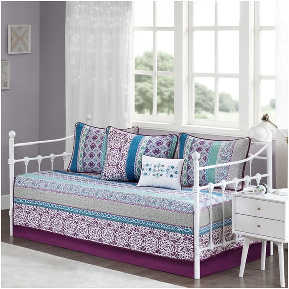 JERFIT Bohemian Reversible Twin Daybed Set with Bed Skirt, 6-Piece Purple Cotton Blend Bedding Ensemble, OEKO-TEX Certified