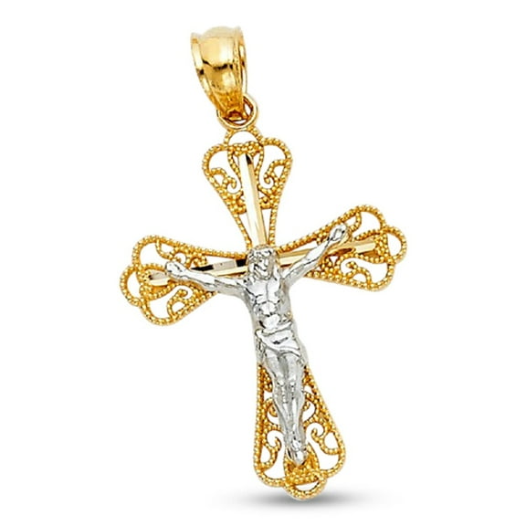 Jesus Cross Budded Pendant Solid 14k Yellow White Gold Crucifix Charm Fancy Two Tone 22 x 18 mm