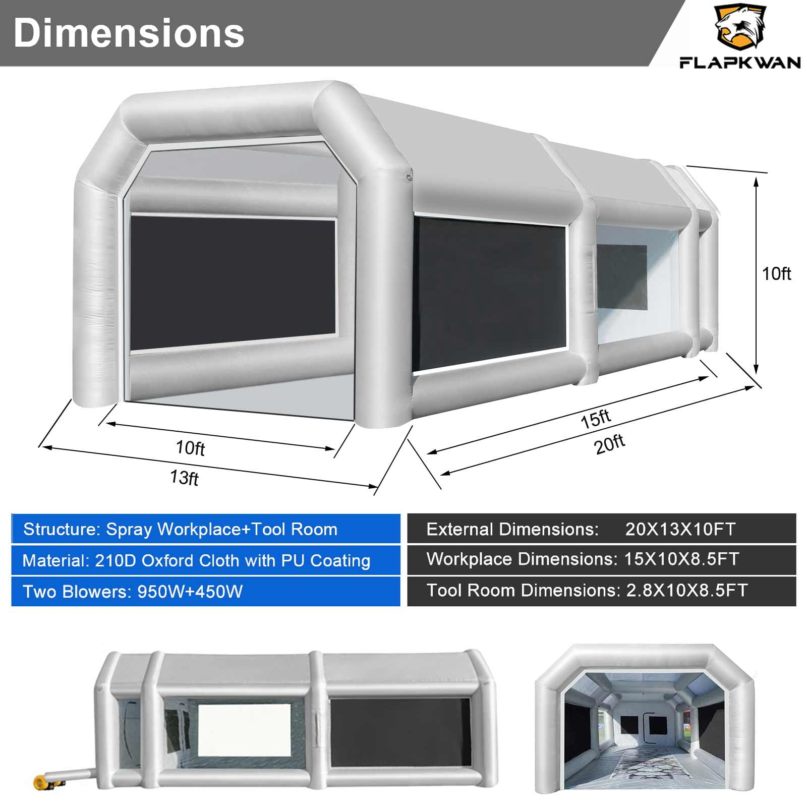 FLAPKWAN 20X13X10FT Inflatable Paint Booth with 950W+450W Blowers, Professional Auto Parts, Furnitures Painting Clean Workstation Portable Spray Paint Booth with Oversized Air Filter System
