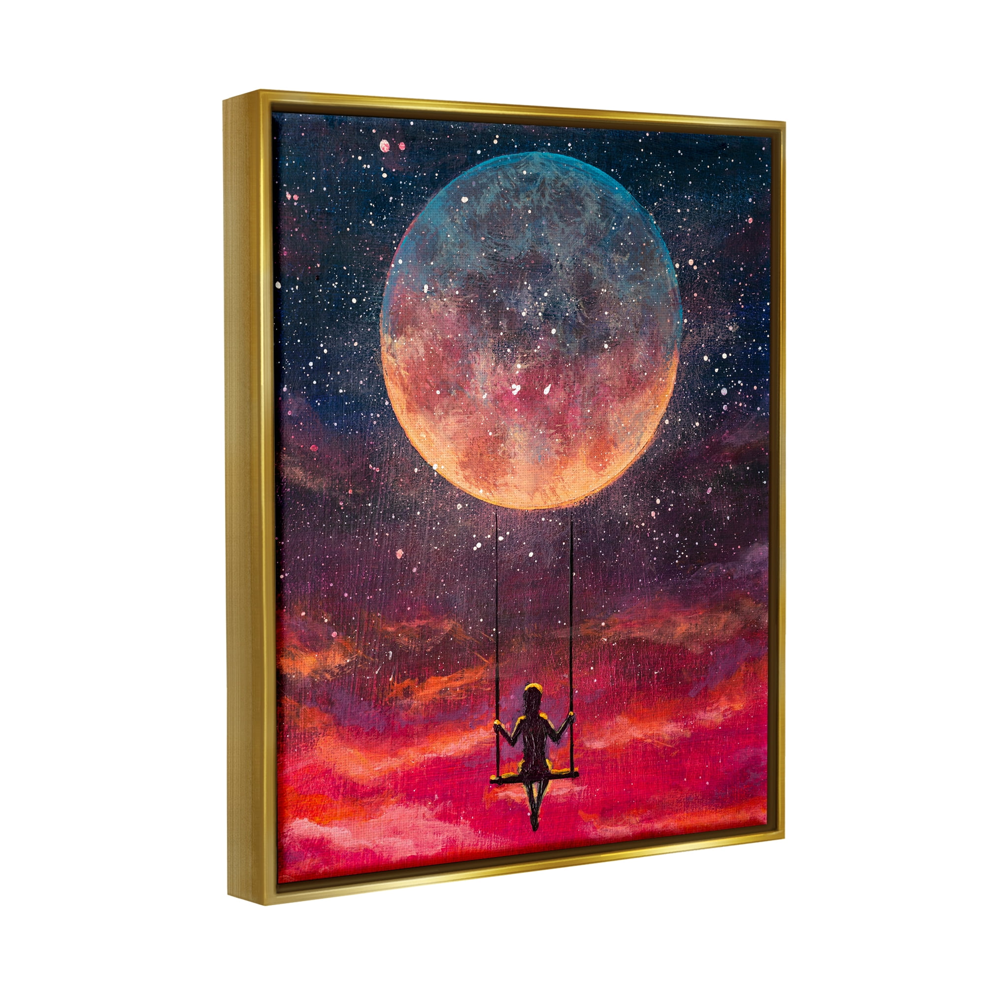 Stupell Industries Person Swinging From Moon Nature Painting Gold Floater Framed Art Print Wall Art, 17 x 21