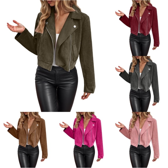 Ticikt Women Fitted Cropped Suede Moto Jacket Lapel Zip Up Casual Fall Winter Biker Outerwear Coat,Army Green