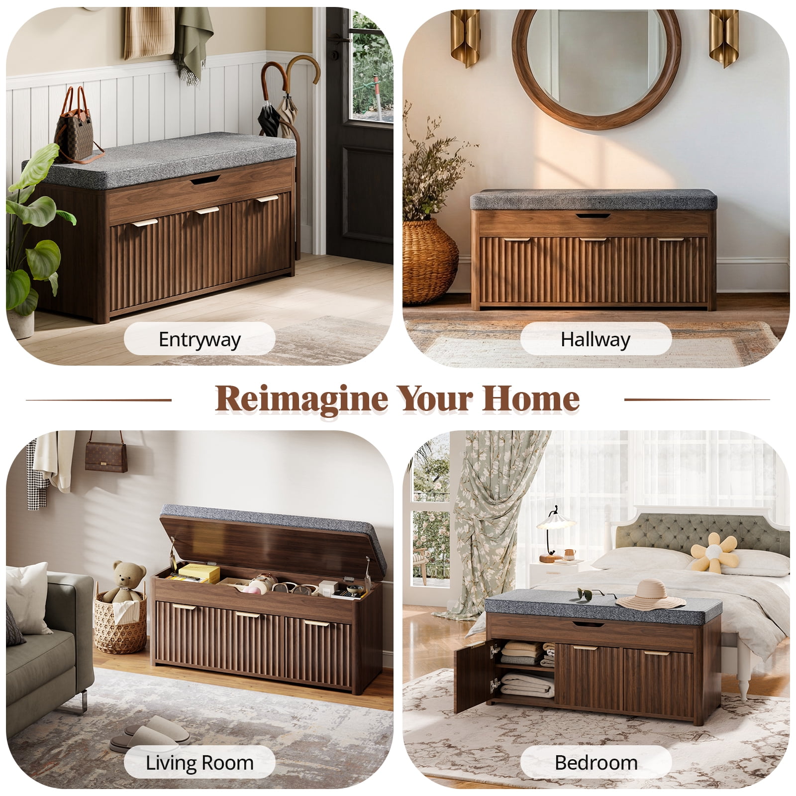 Shoe Storage Bench, Wooden Storage Chest ,3 Doors, Adjustable Shelf,  Bench with Shoe Rack for Entryway, Bedroom, Living Room, Walnut Brown