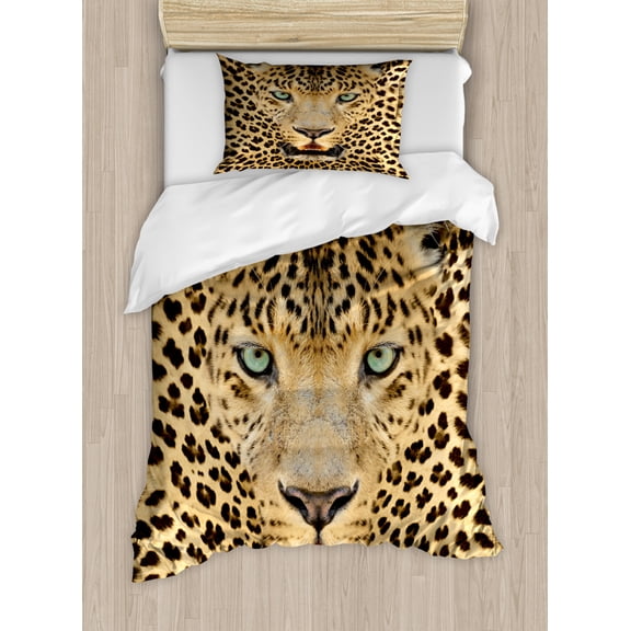 Leopard Duvet Cover Set Twin Size, African Predator Animal with Spotty Skin and Angry Expression Wild Fauna, Decorative 2 Piece Bedding Set with 1 Pillow Sham, Brown and Pale Brown, by Ambesonne