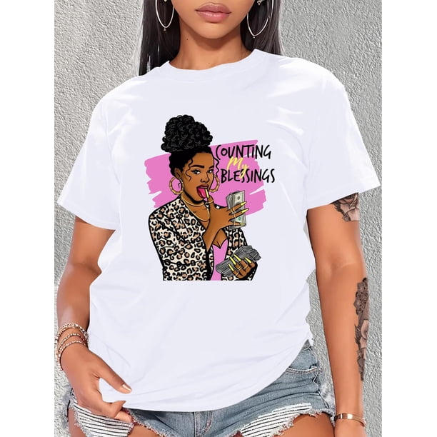 Camiseta básica para mujer de veranoChic Leopard Print & Letter Graphic Tee for Women - Casual Round Neck Short Sleeve Top, Breathable Polyester, Machine WashableFather's Day, Mother's Day, New Year