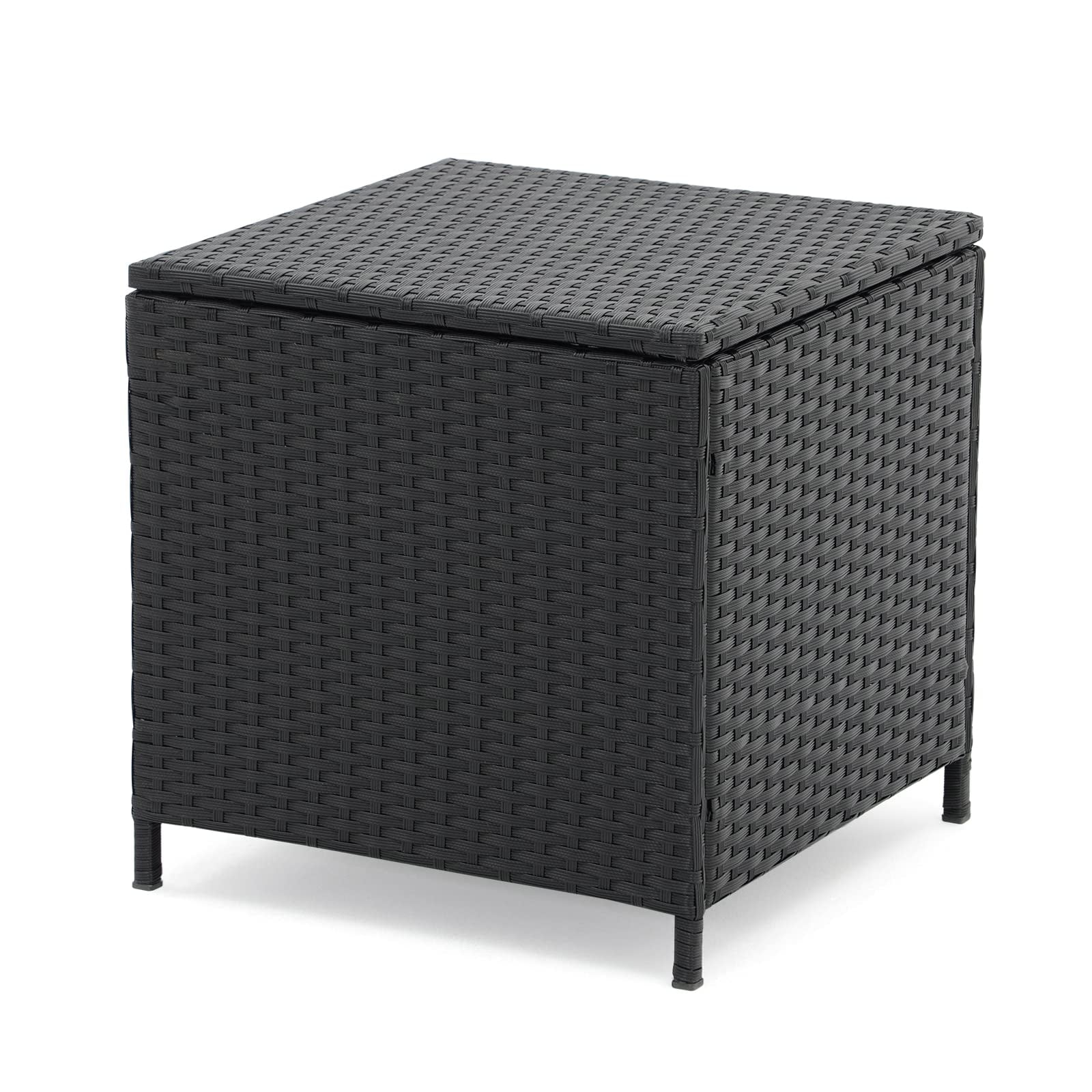 JOIVI Outdoor Wicker Side Table, All-weather Rattan Small Storage Box End Table, Square Resin Coffee Table with Iron Frame,Black