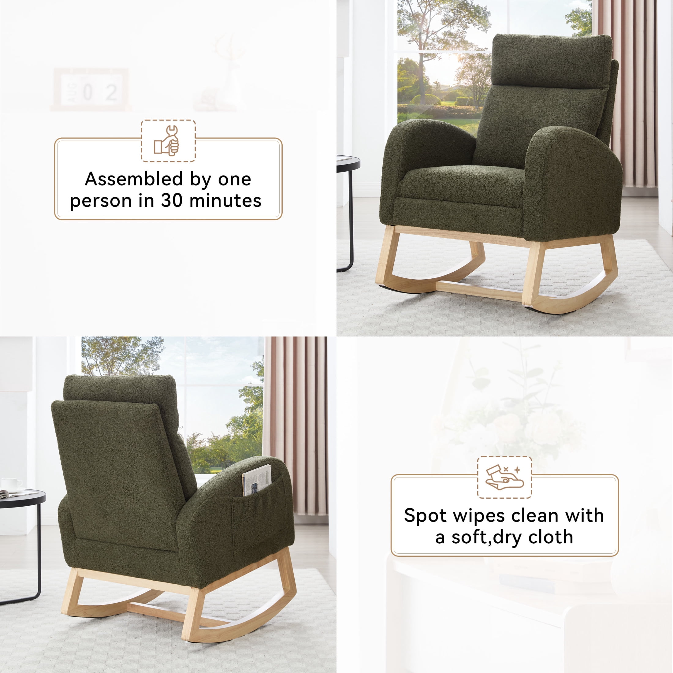 Noble House Arlais Teddy Nursery Rocking Chair with Adjustable Footrest, Comfortable Accent Glider Daybed, Green