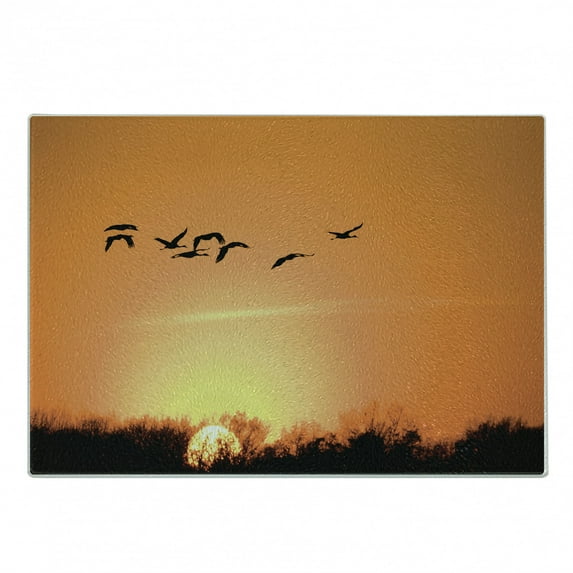 Birds Cutting Board, Bird Migration over Desert Autumn View at Sunset Evening Seasonal Picture Print, Decorative Tempered Glass Cutting and Serving Board, Small Size, Orange Black, by Ambesonne