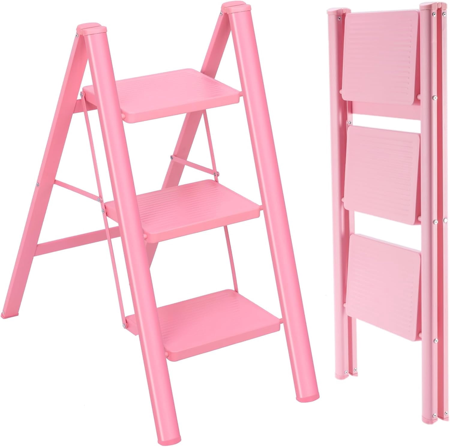 3 Step Ladder, Multi-Purpose Sturdy Lightweight Portable Folding Step Stool with Wide Anti-Slip Pedals, 500lbs Capacity Household and Kitchen Stepladders(Pink)