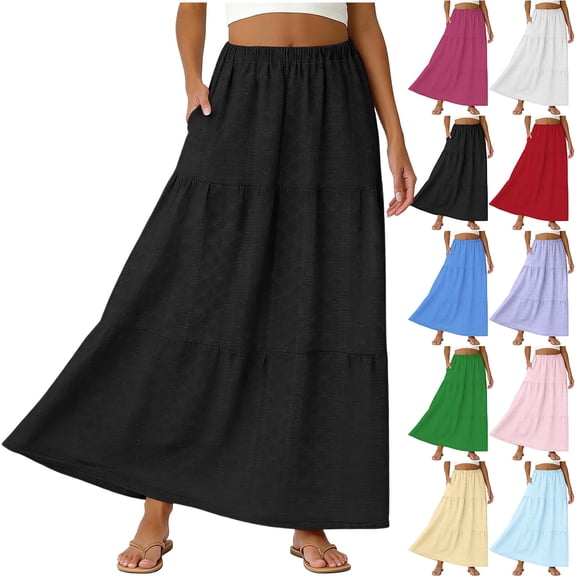 Fewfanhot Women's Skirts Summer Casual Elegant Tiered Maxi Skirt High Waisted A Line Flowy Long Skirts with Pockets