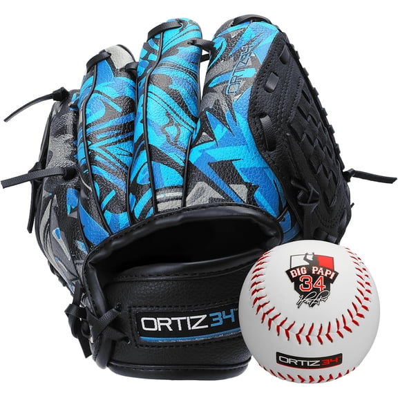 Ortiz34 9" Graffiti Youth T-Ball Baseball Glove, Right Hand Throw, Easy Close, No Break-In, Lightweight, Black/Blue
