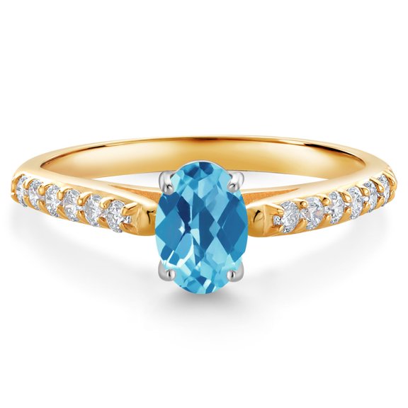 Gem Stone King 10K Two Tone Gold Swiss Blue Topaz and White Lab Grown Diamond Engagement Ring for Women (1.18 Cttw, Gemstone November Birthstone, Oval Checkerboard 7X5MM, Size 9)