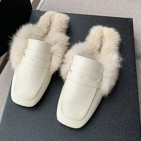 

NAYUKA Plush Bottom Faux Leather Slippers Indoor And Outdoor Fashion Slippers Women‘s Footwear