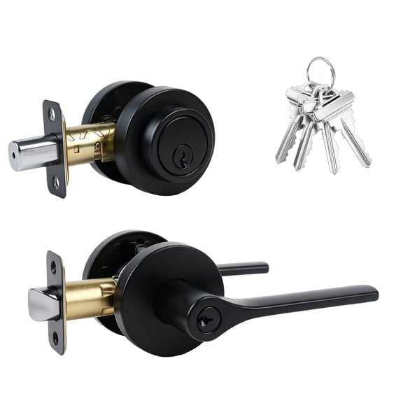 Exterior Door Knob with Deadbolt, Keyed Alike Front Door Handle and Deadbolt Set, Heavy Duty Roundness Door Knob with Deadbolt Locks for Exterior Doors, Matte Black Double Keyed Deadbolt Lock, 1 Pack