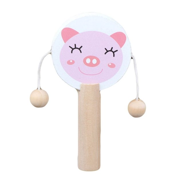 HAOAN Jouet Éducatif pour Bébé en Bois de Dessin Animé, Mini Hochet Tambour Musical Portatif
