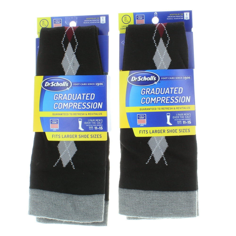 2 Dr. Scholl's Men Graduated Compression Socks Over Calf Black Argyle