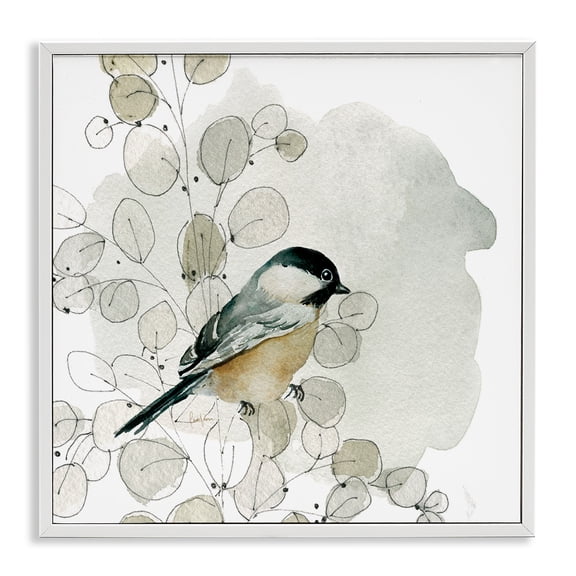 Stupell Industries Farmhouse Finch Bird Perched Soft Botanicals White Framed Giclee Art, 17 x 17, by Livi Finn