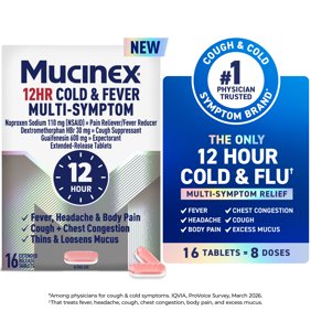 Mucinex 12 Hour Cold and Flu Medicine for Adults, Long Lasting Cough & Cold Medicine For All Day Relief of Headache, Body Aches, Fever, Cough, & Chest Congestion, 16 Bi-layer Tablets
