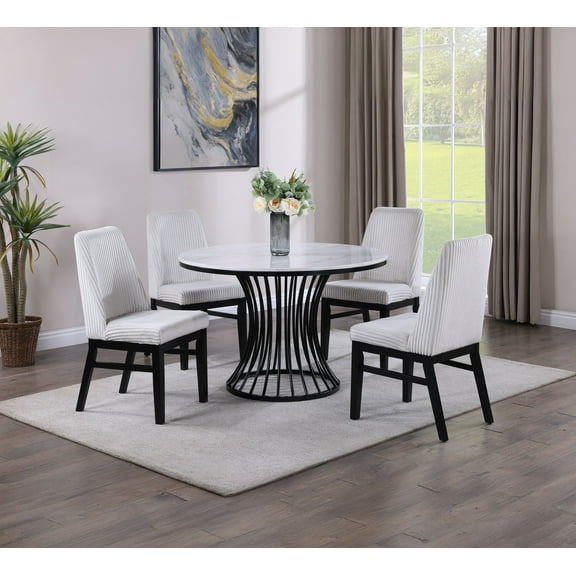5pc Modern White Faux Marble Round Dining Set - Cage Base, Black Finish Wood Legs, White Fabric Upholstered Chairs - Seats 4 for Dining Room - Elegant Home Furniture