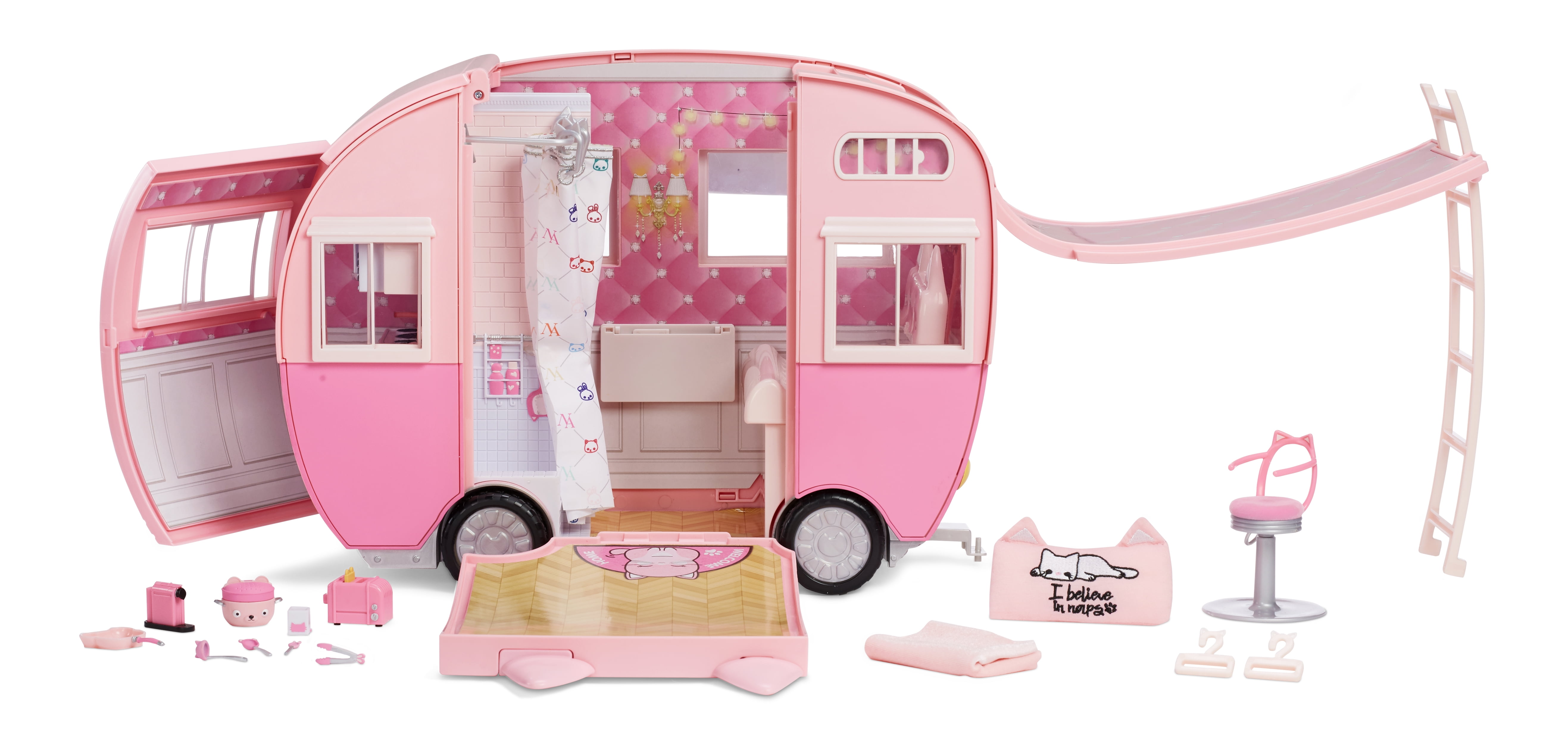 Na Na Na Surprise Kitty-Cat Camper, Pink Toy Car Vehicle Doll Playset for Fashion Dolls with Cat Ears and Tail, Opens to 3 Feet Wide for 360 Play…