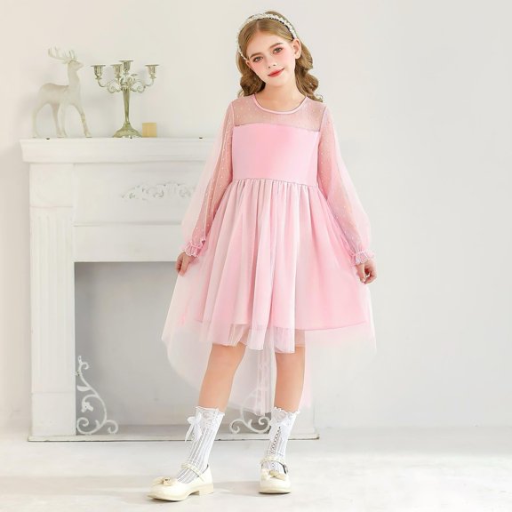 4/July Dresses for Girls 12-14 Years Spring Long Sleeved Girls' Dress Mesh Princess Dress