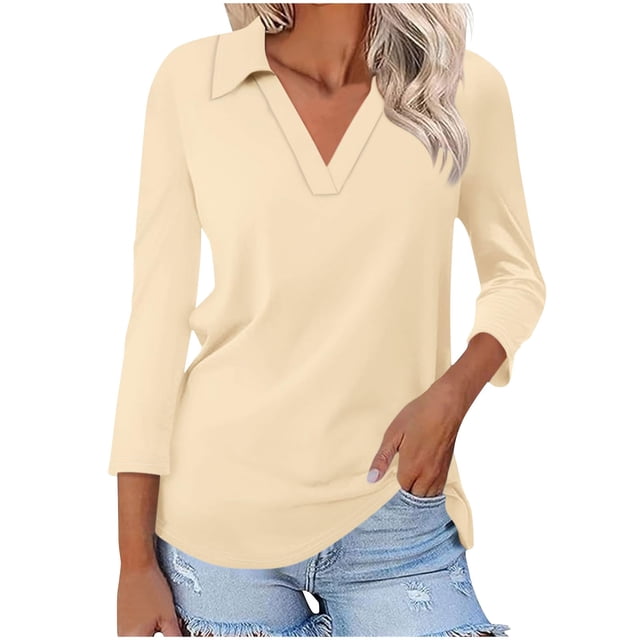 Blouses pour Femmes, T-shirt Uni Col en V Col Rabattu Manches 3/4