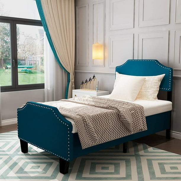 Mecor Upholstered Linen Platform Bed, Nailhead Bed Frame