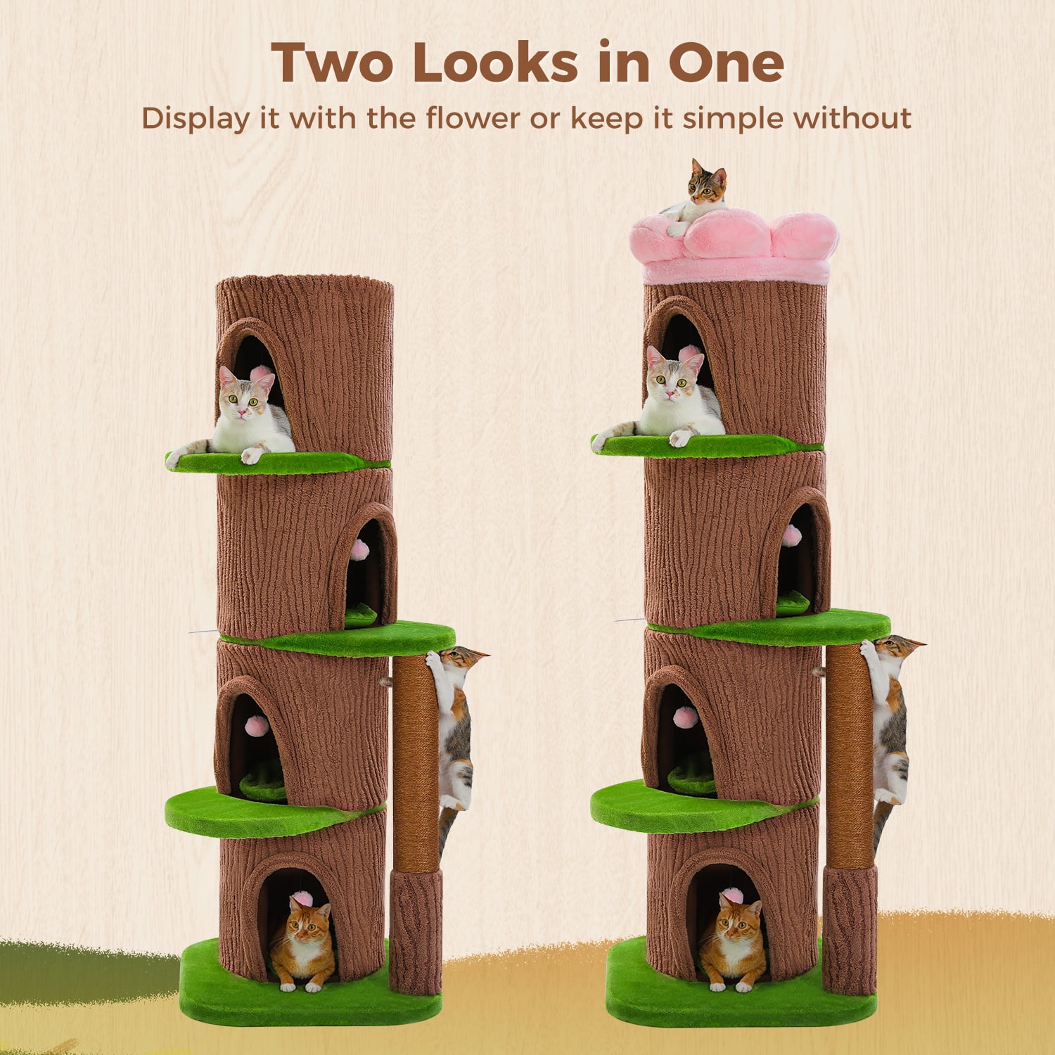Pefilos 68" Tall Forest Cat Tree Tower with 4 Condos, Flower Top Bed & Thick Scratching Post (φ3.8in), Large Heavy Duty Tree That Looks Like a Tree for Multi-Cat, Brown