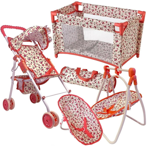 Ensemble de Jeu de Poussette pour Poupée et de Mobilier de Lit de Bébé de Luxe, Ensemble d'Accessoires Multi-Poupée pour Poupées de 18 Pouces, Comprend une Balançoire de Poussette pour Poupée et un Lit de Poupée pour Jeu d'Imitation