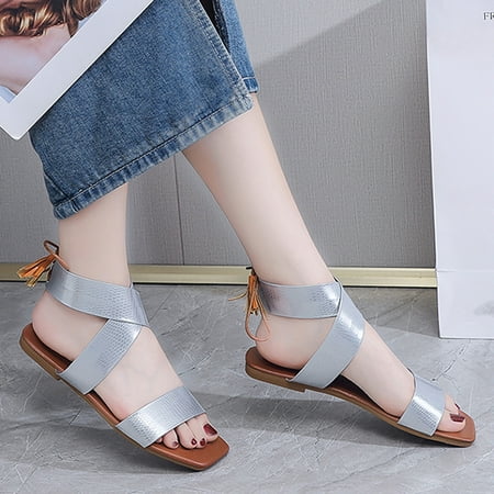 

Sandals Women Tassel Open Toe Shoes Pu Silver 39
