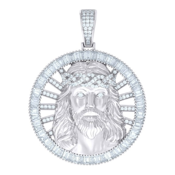 925 Sterling Silver Mens Baguette Round Cubic-Zirconia Medallion Jesus Religious Charm Pendant