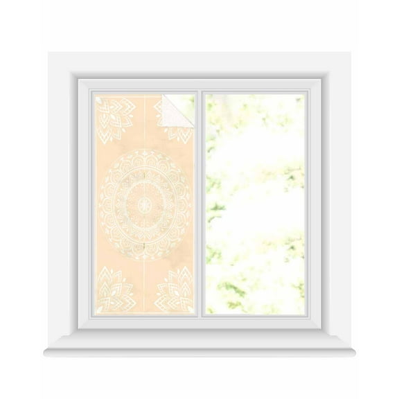 Window Privacy Film Beige Boho Stained Glass Window Film Decorative Sun Block Window Cover Farmhouse Middle Century Abstract Geometric Window Clings Static Adhesive Sticker for Bathroom 17.7"x39.3"