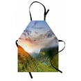 thumbnail image 1 of Mountain Apron Majestic Sunrise in Hills Mottled Clouds Fresh Grass Serenity Morning Mist, Unisex Kitchen Bib Apron with Adjustable Neck for Cooking Baking Gardening, Blue Green Orange, by Ambesonne, 1 of 3