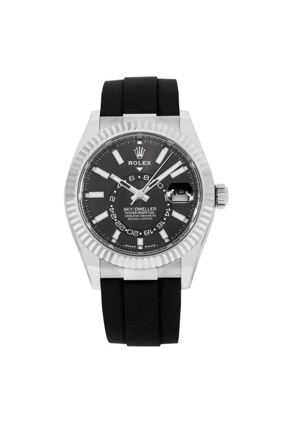Pre-Owned Rolex Sky-Dweller 42MM 336239 Black Dial Fluted Bezel Black Oysterflex Strap