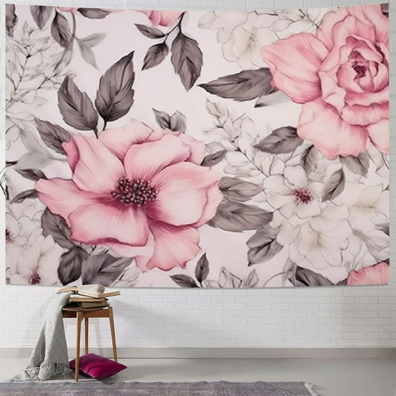 Creowell  Tapestry Pink Grey Flowers and Leaves Watercolor Floral Pattern Rose Home Decor Wall Hanging for Living Room Bedroom Dorm  40x30inch