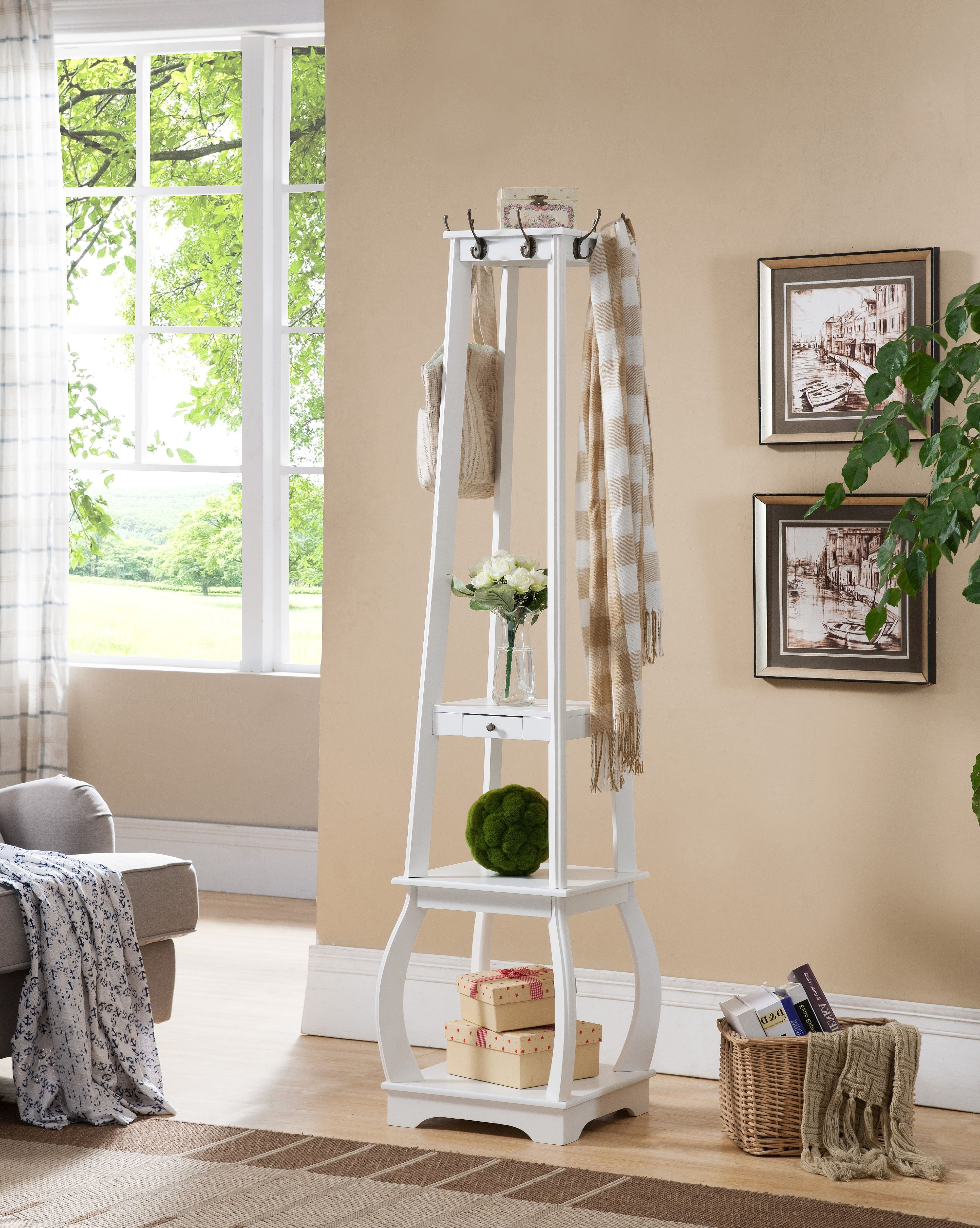 Beda White Wood Entryway Hall Tree Coat & Hat Rack, 8 Hooks