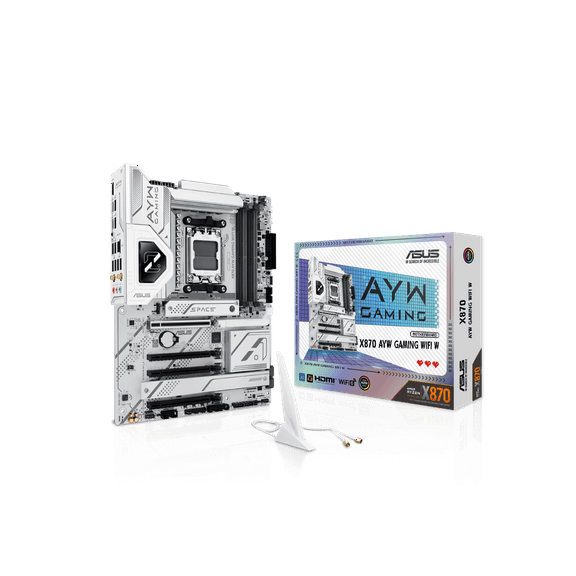 ASUS X870 AYW GAMING WIFI W AMD X870 AM5 ATX motherboard, 12 2 1 80A DrMOS power stages, DDR5, PCIe 5.0 Ready, PCIe 5.0 x16, 3x M.2, Wi-Fi 6, 2.5Gb LAN, HDMI, USB4, USB 20Gbps Type-C, Aura Sync