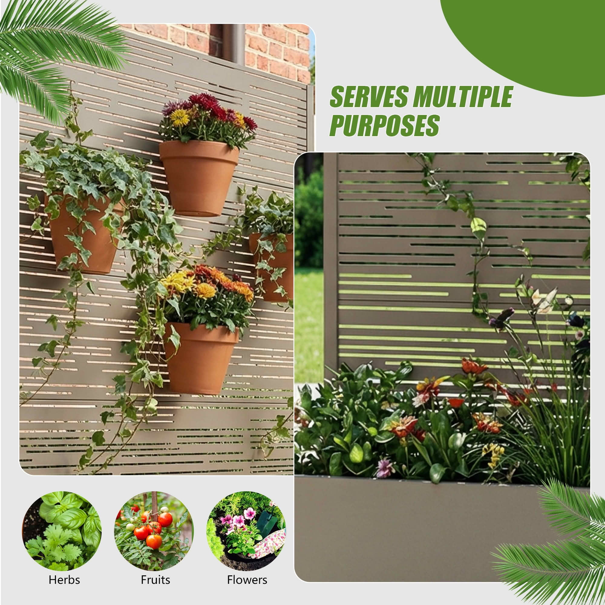 MAYEERTY 72X47" Metal Outdoor Olive Gray Privacy Screen with Planter Box for Backyard & Garden, 5 Piece Set