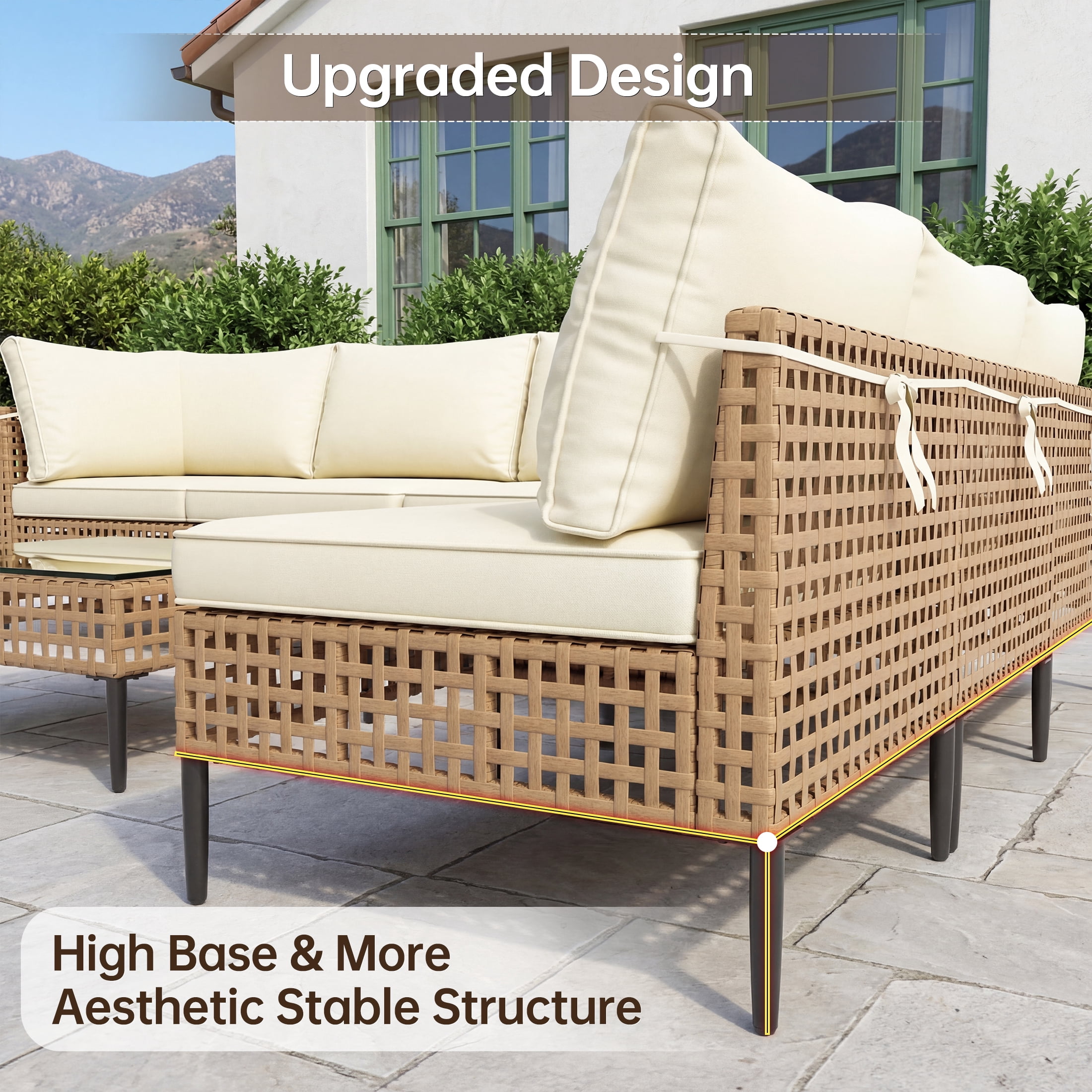 UDPATIO 7 Piece Wicker Patio Furniture Set, Outdoor Conversation Set， Sectional Sofa with Glass Coffee Table， Outdoor Sofa for Porch, Backyard, Yellow&Beige